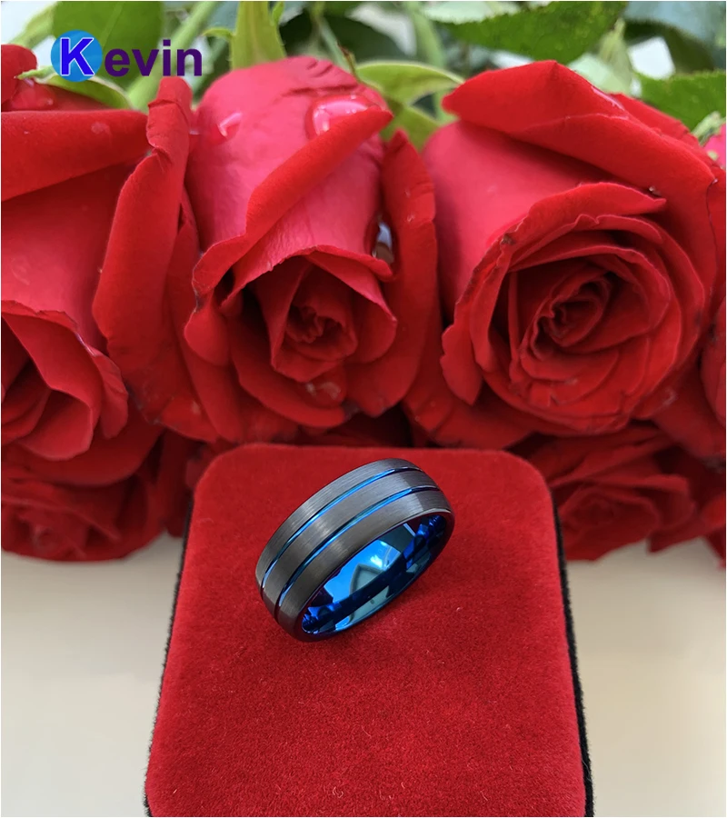 Вольфрамовое кольцо для мужчин черное синее обручальное и женщин удобное