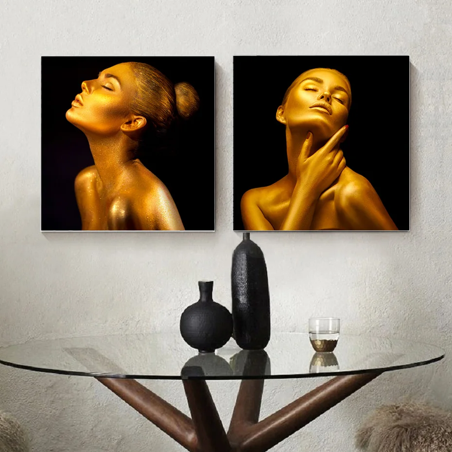 

Nordic Modern Light Luxury Black Gold Beauty Blond Skin Canvas Painting Poster Decoration Wall Art Bedroom Living Room Home Deco
