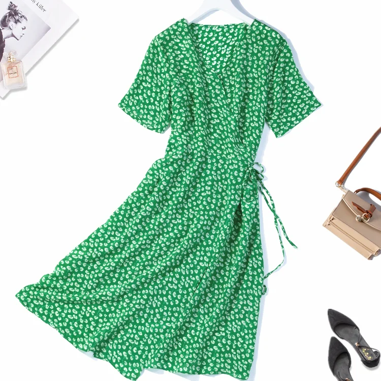 

Women 100% Pure Silk Short Sleeve Two Layers Green Floral Long Wrap Dress M L XL JN410