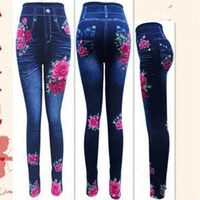 plus size sfit womens high waist rose print imitation denim fake jeans slim fit leggings skinny casual leggings 8 styles
