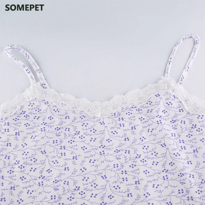 

Summer Floral Print Sleeveless Mini Dress Casual Strap Short DressLadies Patchwork Lace White Women Dress