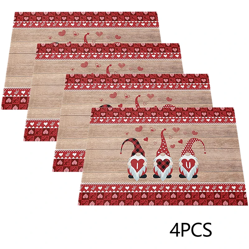 

4pcs Happy Valentine's Day tablecloth for Dining Table Cotton Linen Non-Slip Place Mats for Holiday Banquet Kitchen Table Decor
