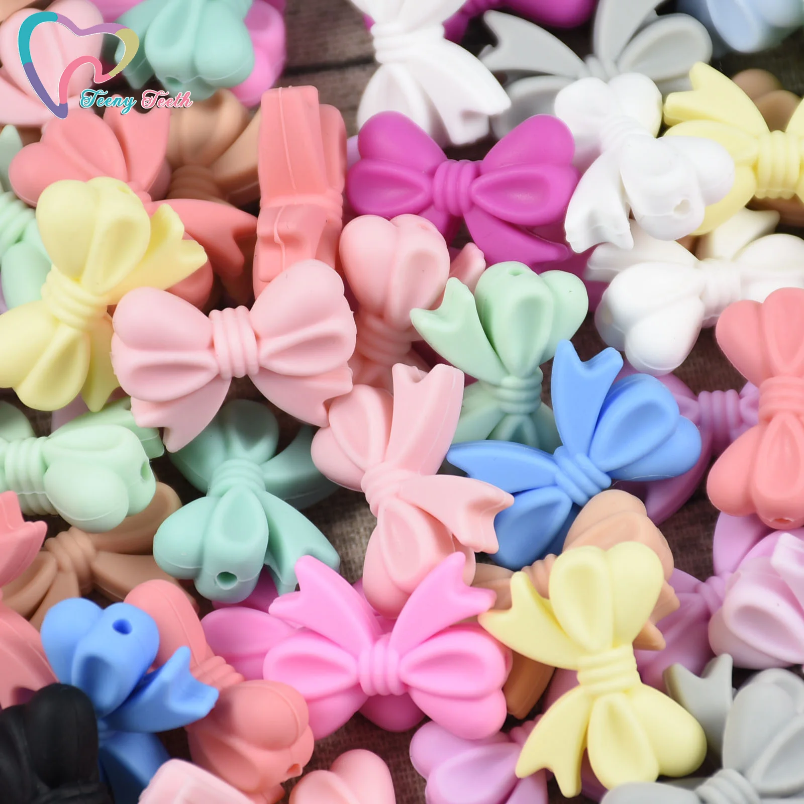 

100 PCS Candy Color Bowknot Silicon Beads BPA Free Bow Tie Baby Teething Bead For DIY Jewelry Making Chewable Baby Teething Gift