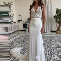 verngo modern stylish mermaid wedding dress lace applique v neck chiffonsatin fitted bridal gowns buttons back sweep train