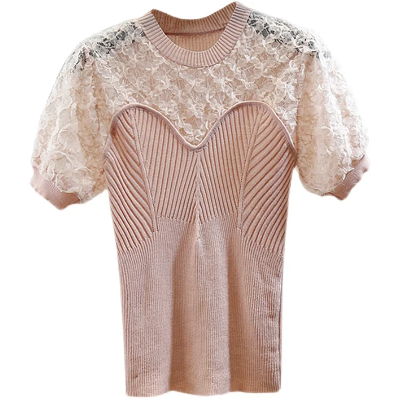 

Sweet Flower Crocheted Cutout Lace Tshirt Stitching Slim Thin Ice Silk Knit Tops Women Summer New Knitted T-shirt Female Tshirts