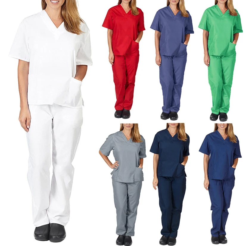 

Nurse Uniform Suit Nursing Doctor Short Sleeve Top Pants Two-piece Solid Working Clothes Hospital Trouser Woman Suits