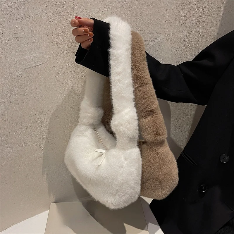 

2022 Plush Solid Color Underarm Bag Fashion Women Shoulder Bag Fashion Ladies Autumn Winter Large Capacity Tote Handbags