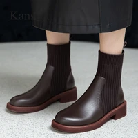 kanseet short boots 2021 autumn winter women ankle boots round toe patchwork cow leather shoes handmade mid heels female boots