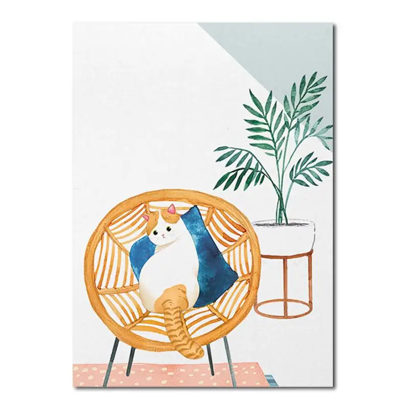 

Plant And Cat Decoration Canvas Painting Simple Cartoon Warm Picture Furniture Decor For Living Room Sofa Background Wall Art
