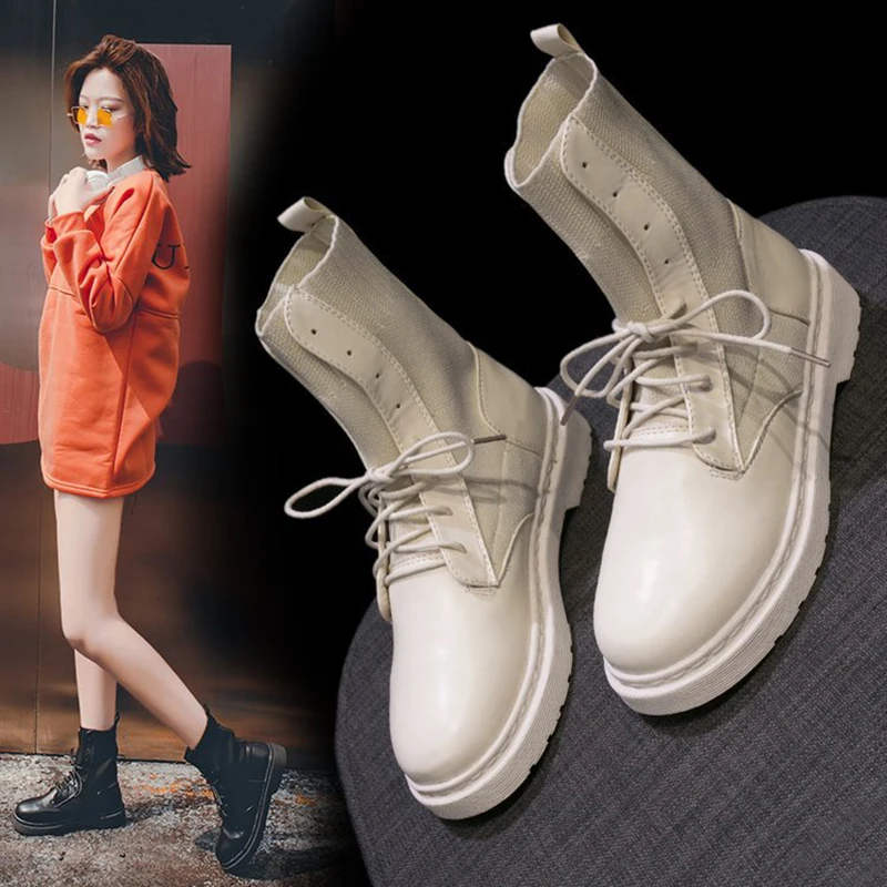 Женские вязаные ботинки белые лоскутные носки Осенние криперы с перекрестной