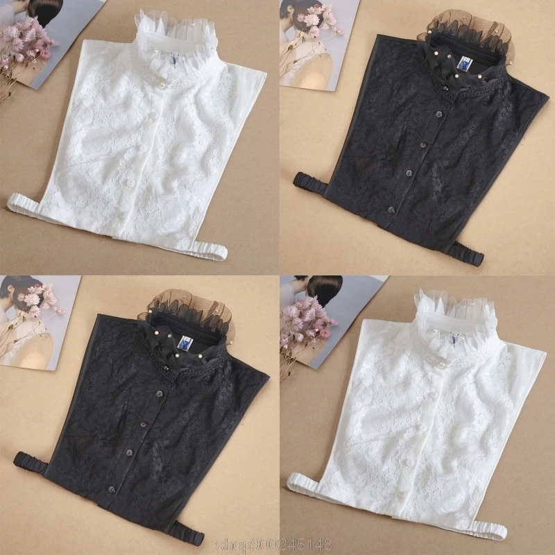 

Women Imtation Pearl Beading Ruffled Stand Fake Collar Button Floral Lace Detachable Half Top Blouse Decorative N24 20 Dropship