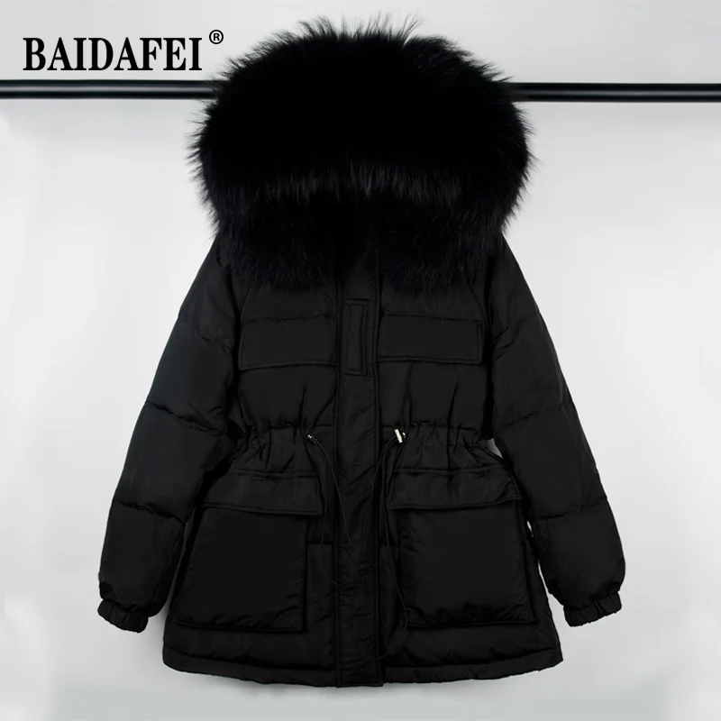 

Женские теплые свободные пуховики BAIDAFEI, большие зимние женские парки на белом утином пуху с воротником из натурального меха енота, 2021