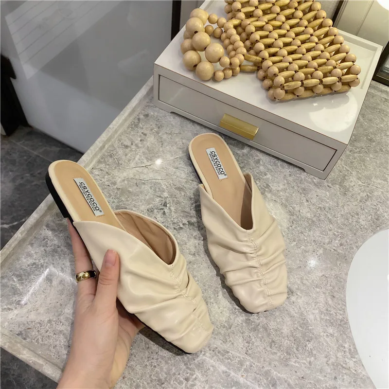 

Cover Toe Flat Shoes Female Ladies' Slippers Low Luxury Slides Slipers Women Soft Designer 2021 Fabric Spring Rome Pleated Hoof