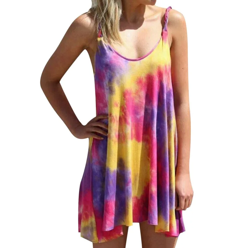 

Summer Gradient Color Printing Sling Dress Women's Round-Neck Casual Loose Skirt Sleevesess