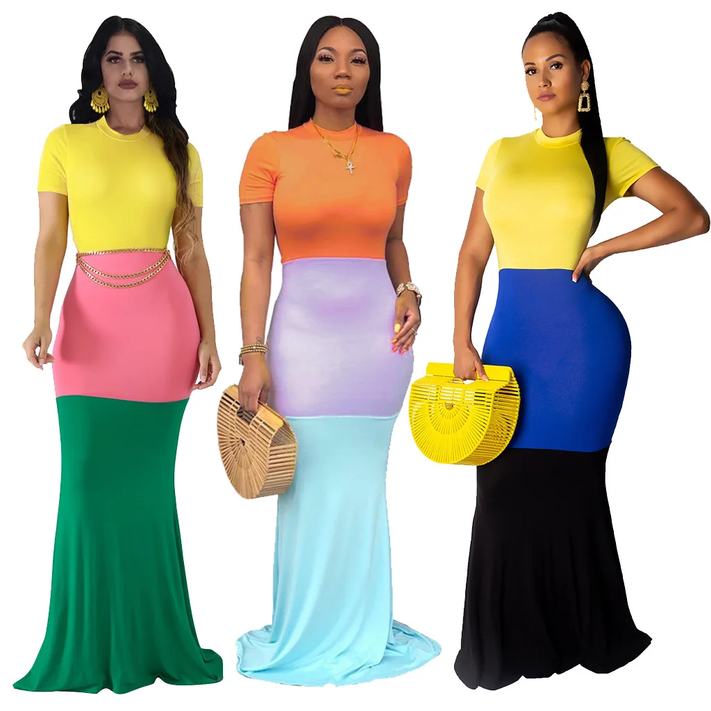 Женское длинное облегающее платье Русалка контрастных цветов с круглым вырезом