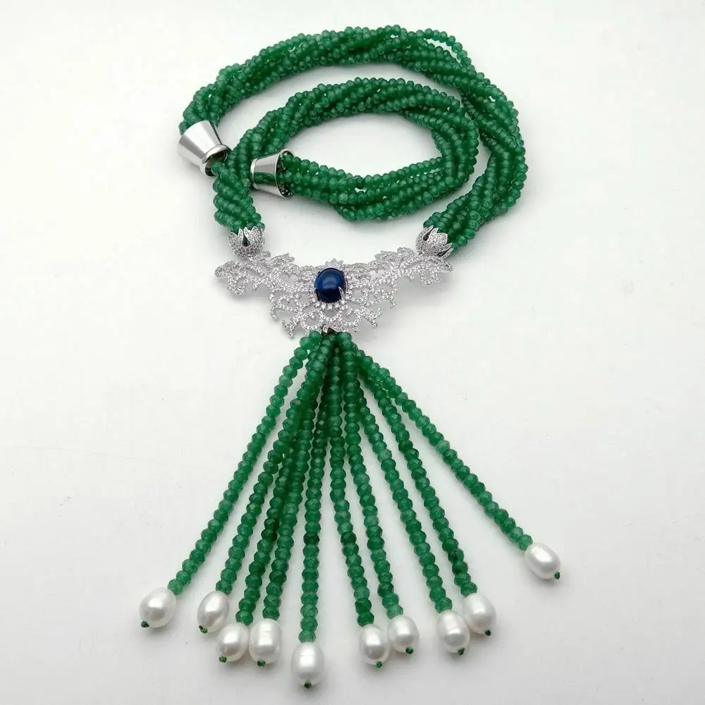 

6 Strands Green Jade Necklace CZ White Pearl Pendant 20"