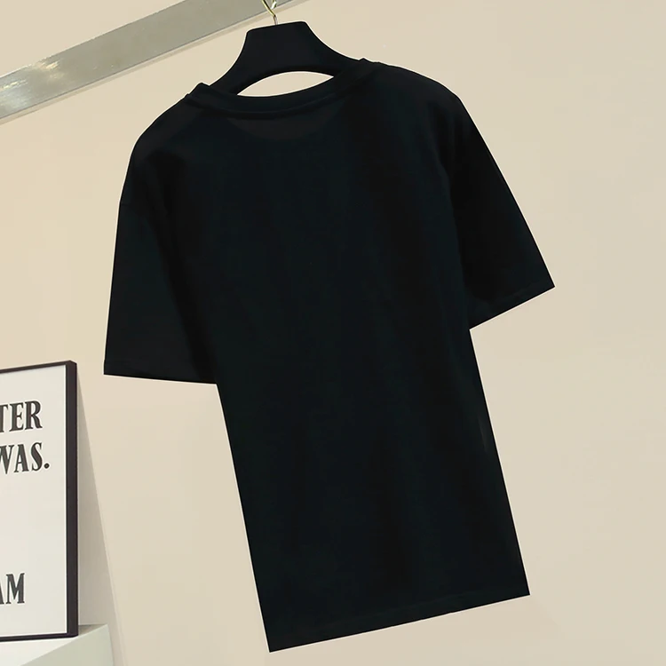 

Diamond Bow Decoration Black Short-Sleeved T-shirt For Female 2021 Summer New Versatile Round Neck Loose Pullover Top Women