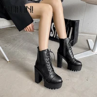 niufuni winter pu leather platform thick high heels women shoes lace up zipper martin boots western motorcycle woman boots black