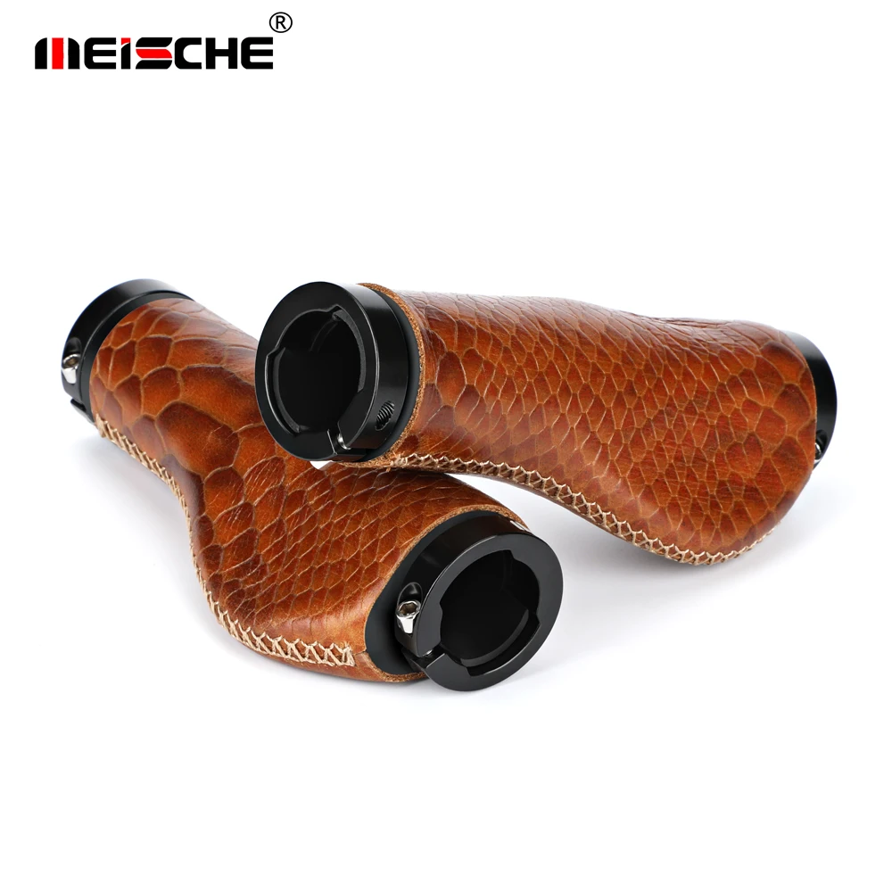 

MEISCHE Bicycle Grip Cattle Leather City Bike Grips Scooter MTB Bicycle Handlebar Cover Cowhide Grip Non-Slip Aluminum Lock