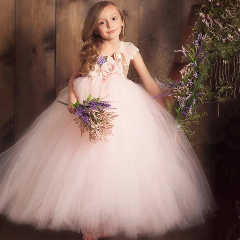 

Beige, Lilac, Blush Pink Flower Girl Tutu Dress One Shoulder Lace Princess Ball Gown Dress for Girls Kids Party Wedding Dresses