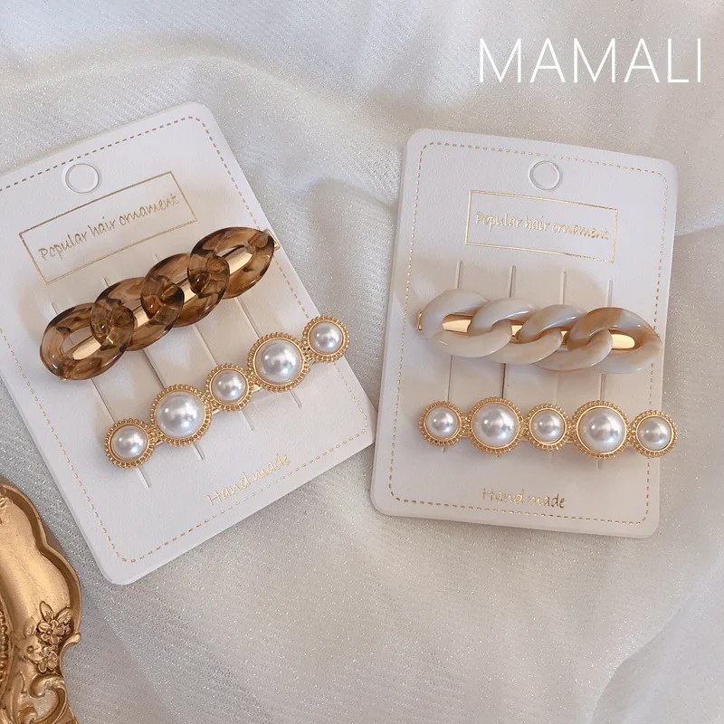 

2pcs/set Acetate Pearl Barrette Hairpins Transparent Acrylic Leopard Metal Chain Vintage Hairstyle Pins Hair Clips Wholesale