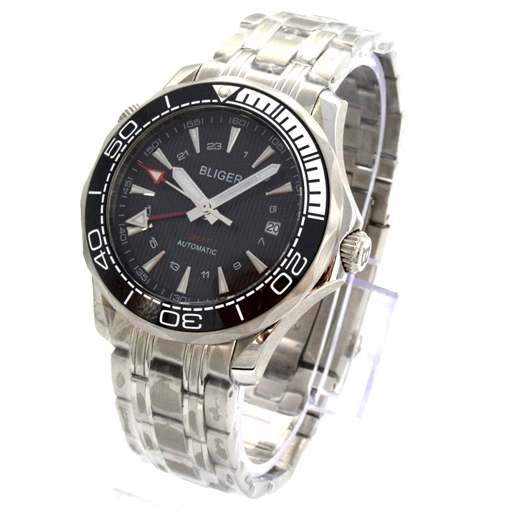 Мужские наручные часы BLIGER черные и белые автоматические механические GMTWave с