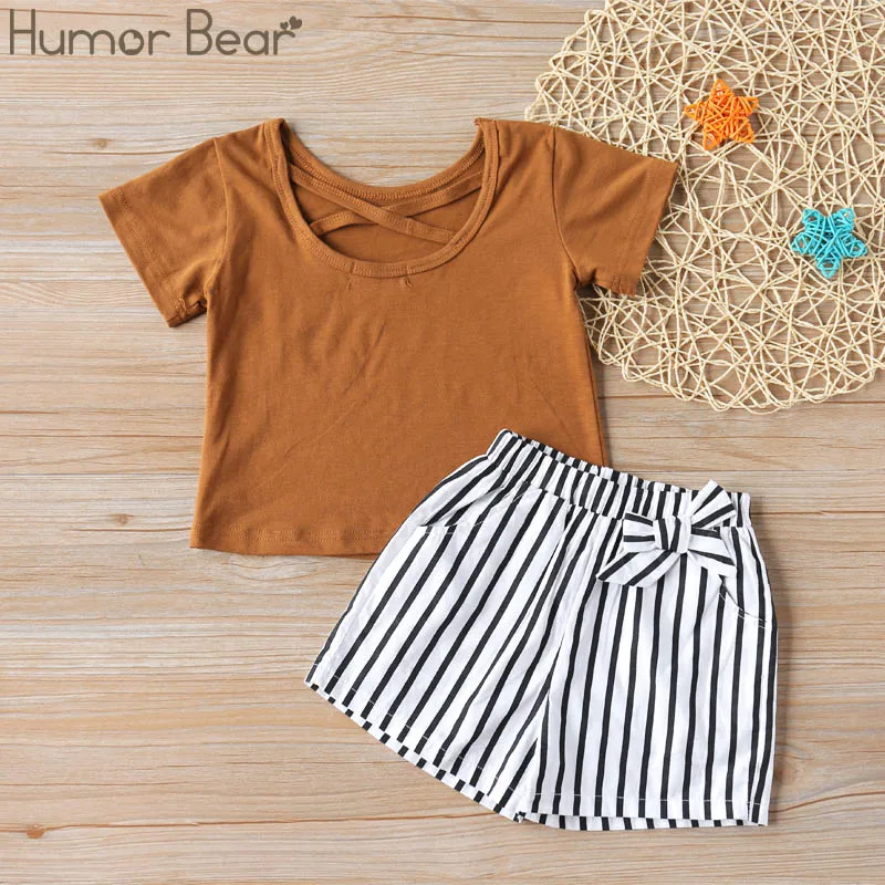 Khaki BZ002P Humor bear/комплекты одежды для девочек Новая летняя Модная стильная футболка со звездами и блестками+ платье комплекты одежды для девочек из 2 предметов детская одежда - Цвет: Khaki BZ002P