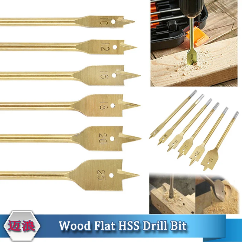 

Wood Flat Drill Bits Set Titanium plating Hex Shank Long Paddle Flat 6 Pieces Bits set Woodworking Hole Cutter Gold/Silver
