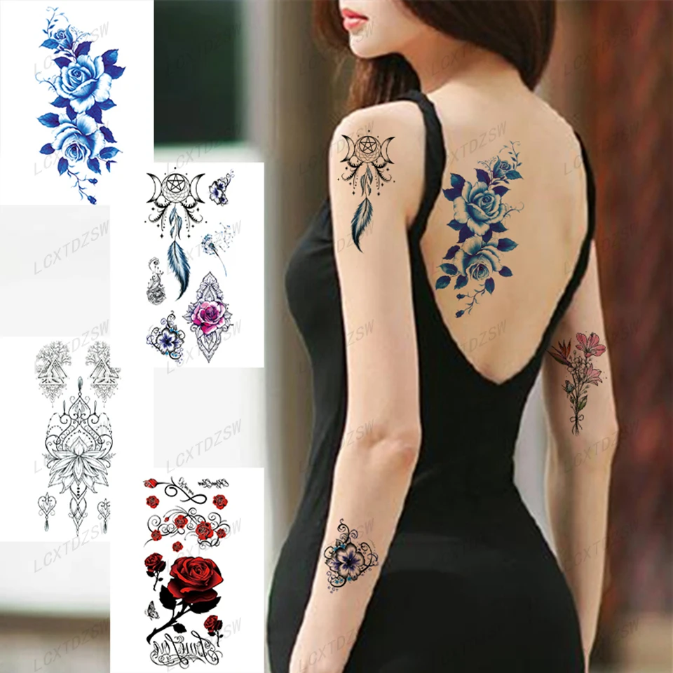 

Temporary Tattoo Peony, Pink Woman, Blue Flower, False Waterproof Tattoo, Body Art, Middle Arm, Hand, Leg, Big Tattoo