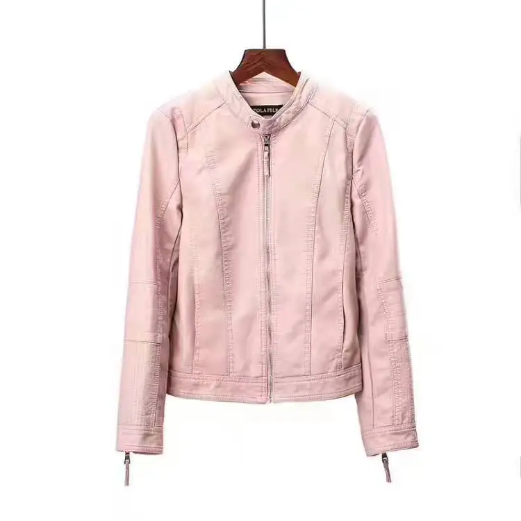 

2021 Women's Autumn New Slim Fit Large Size Motorcycle Leather Clothing Stand Collar Short PU Leather Clothing