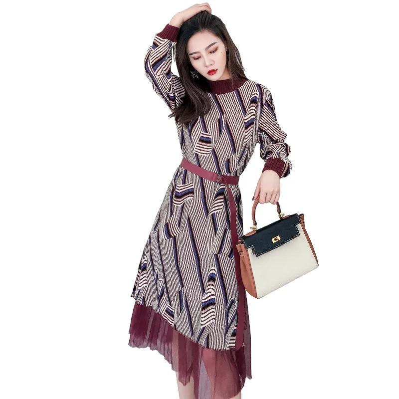 

2020 autumn new dress striped chiffon pleated skirt pleated lace bottoming skirt waist slimming long skirt high-end temperament