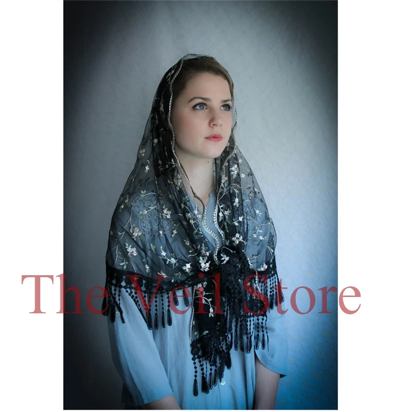Floral Tassel Lace Mantilla Catholique Veils for church Traditiondal Women Head covering infinity wrap Latin Mass Velos de Novia | Свадьбы и