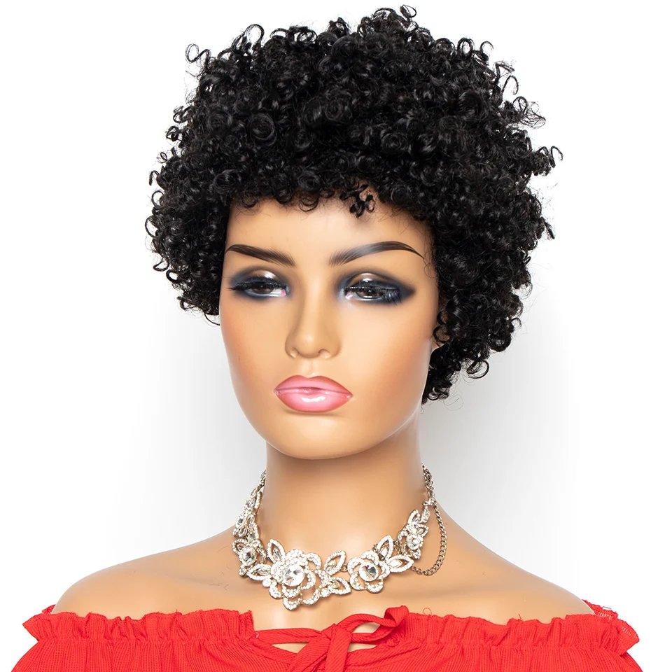Short Kinky Curly Wig Brazilian Remy Human Hair Wigs Full Machine Made 130% Density For Women Natural Color Yepei | Шиньоны и парики