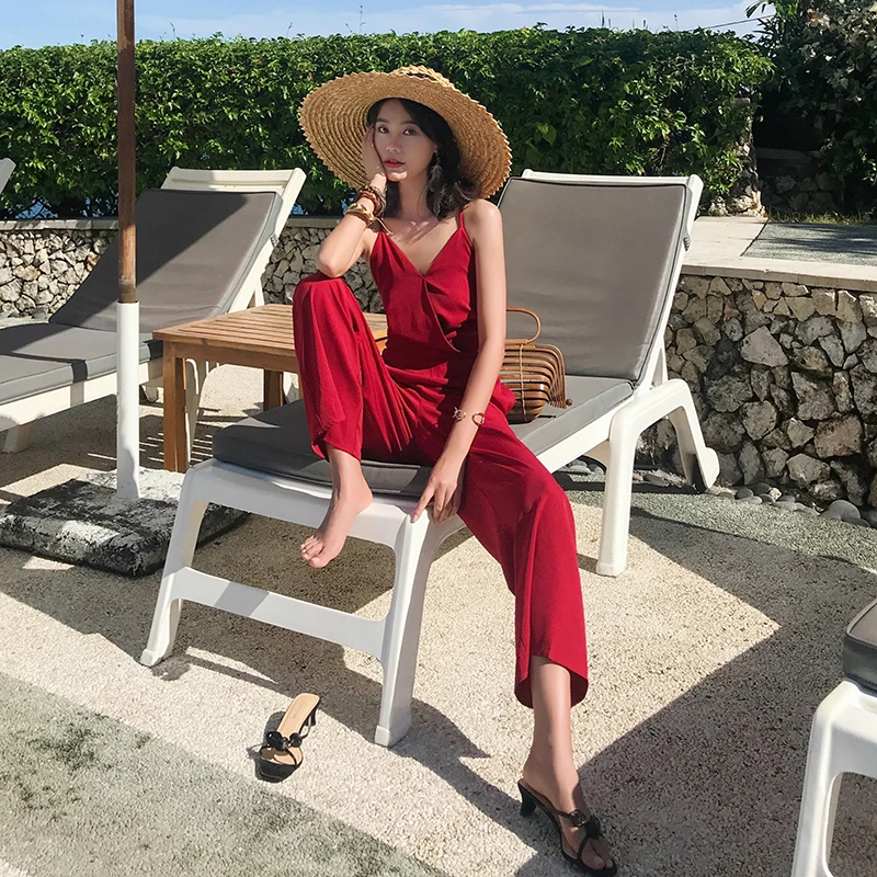 Летний Бургундский женский комбинезон элегантный тропический с широкими