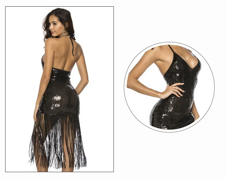 KAUNISSINA Sequin Tassel Cocktail Dresses Sexy Club Wear Party Dress Halter Strap Backless Party Gown Cocktail Dress