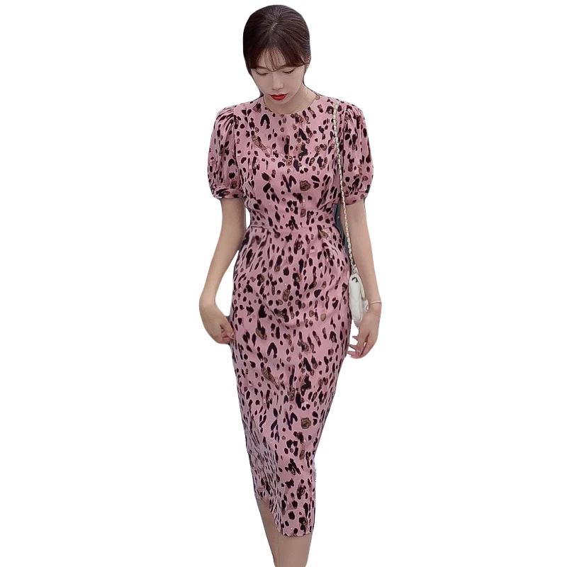 

Women's Summer Sundresses Pink Leopard Print Puff Sleeve Vintage Dress 2021 O-Neck Bandage Split Maxi Dress Femme Robe