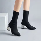 Ботильоны женские, зимние, с острым носком, вязаные, без застежек, на толстом высоком каблуке, 2020