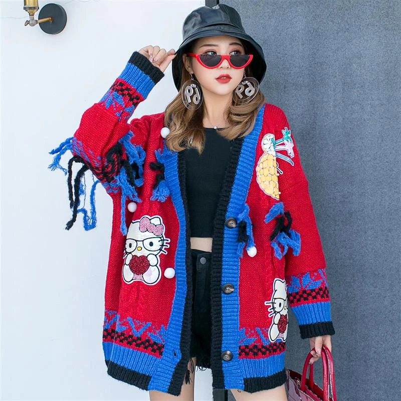 

fall 2020 women oversized cardigan Loose sequins cartoon kawaii sweater casual knitted v neck sweater outwear coats clothing