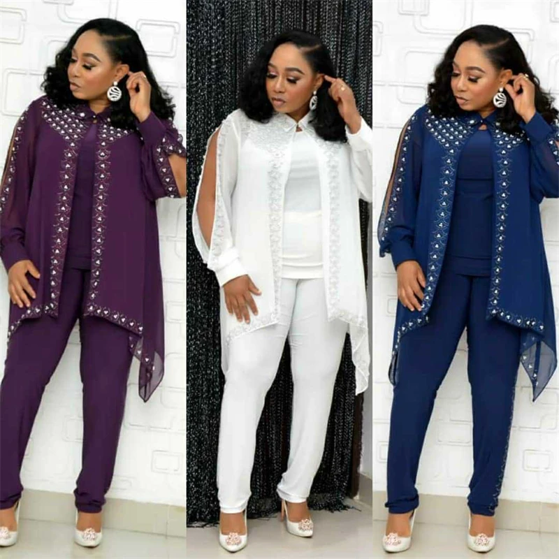 

Beading Decoration Chiffon Tracksuit Women 3 Piece Set Autumn Clothes African Style Cardigan Vest Long Pants Suit Casual Outfits