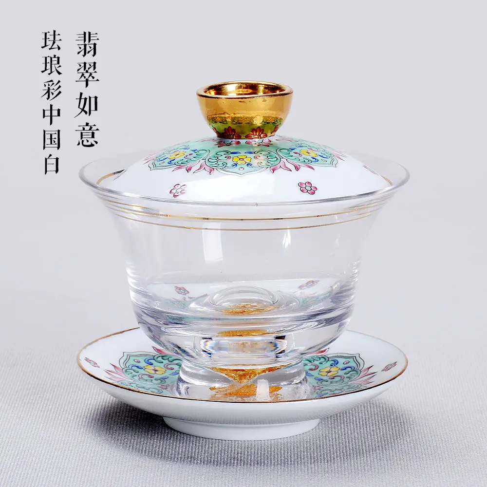 

Thickened Glass Tureen Outline In Gold Tea Bowl Chinese Kung Fu Tea Set Handmade Enamel Color Tea Cup Tea Maker Tea Infuser