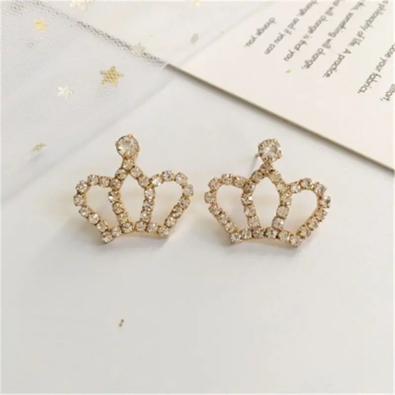 Новые корейские серьги для женщин модные милые короны трендовые гвоздики стразы