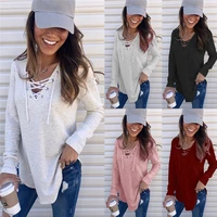 casual loose ladies long sleeve tops t shirt pure color tops women clothing t shirt fashion lace up spring autumn basic top
