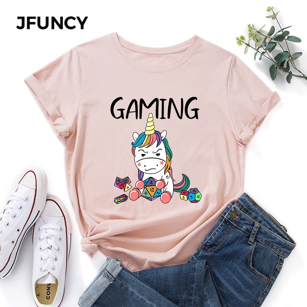 

JFUNCY Oversize Women Cotton T-shirt Summer Short Sleeves Tee Shirt Unicorn Print Graphic Tops Female Shirts Kawaii Girl Clothes