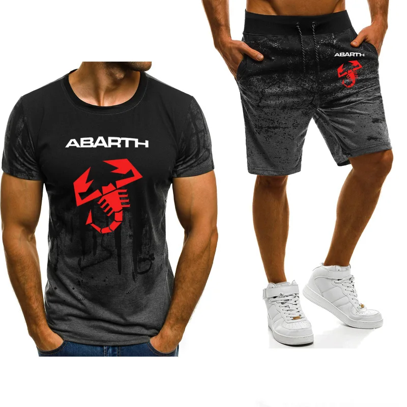 

Summer Gradient Mens T-Shirt Abarth Car Logo Casual Crew neck Short sleeve high quality Cotton Men T-Shirts+shorts 2pcs suit
