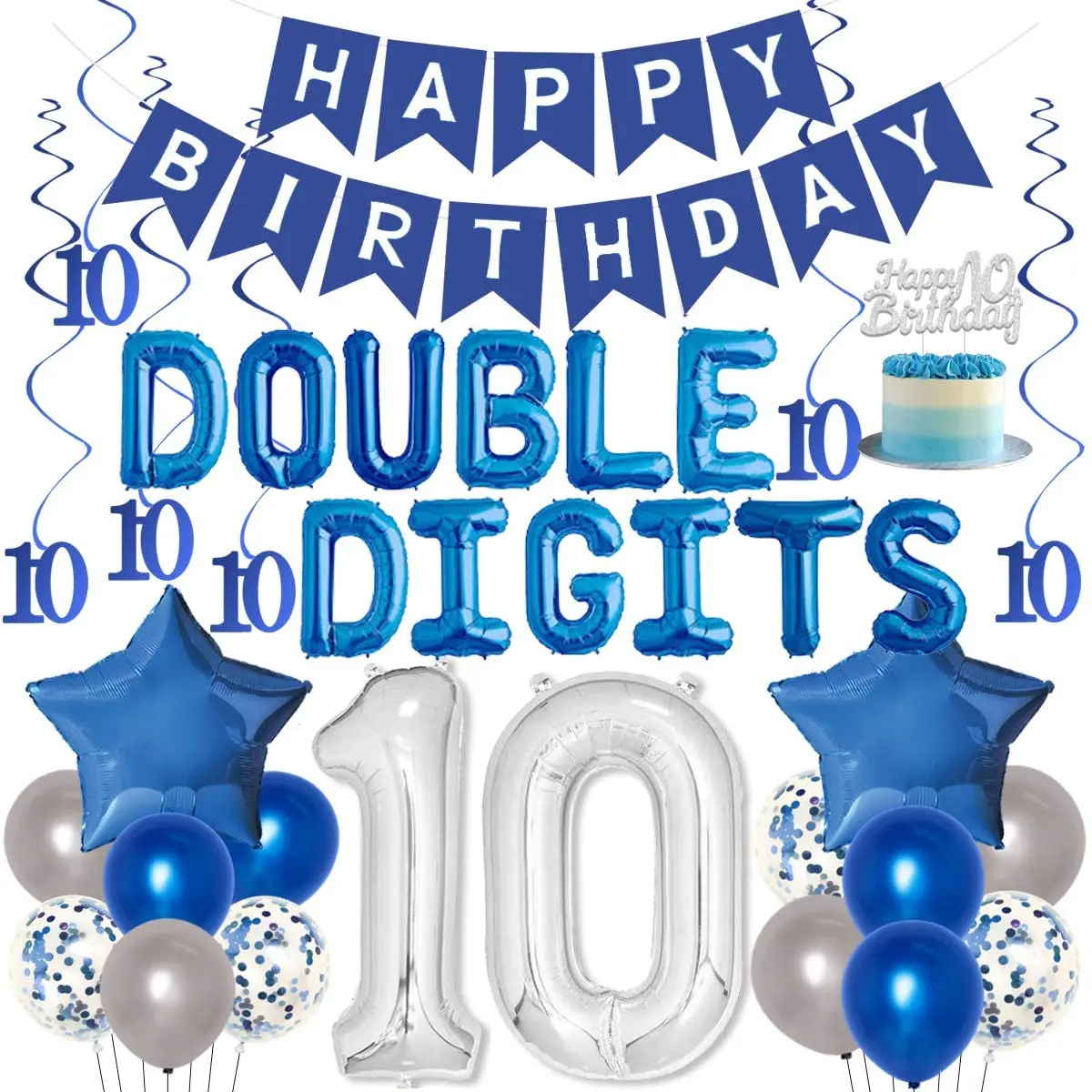 Decoraci&oacute;n de 10 &deg; cumplea&ntilde;os para ni&ntilde;os y ni&ntilde;as, cartel de globos de aluminio azul, suministros de cumplea&ntilde;os para 10 a&ntilde;os-0