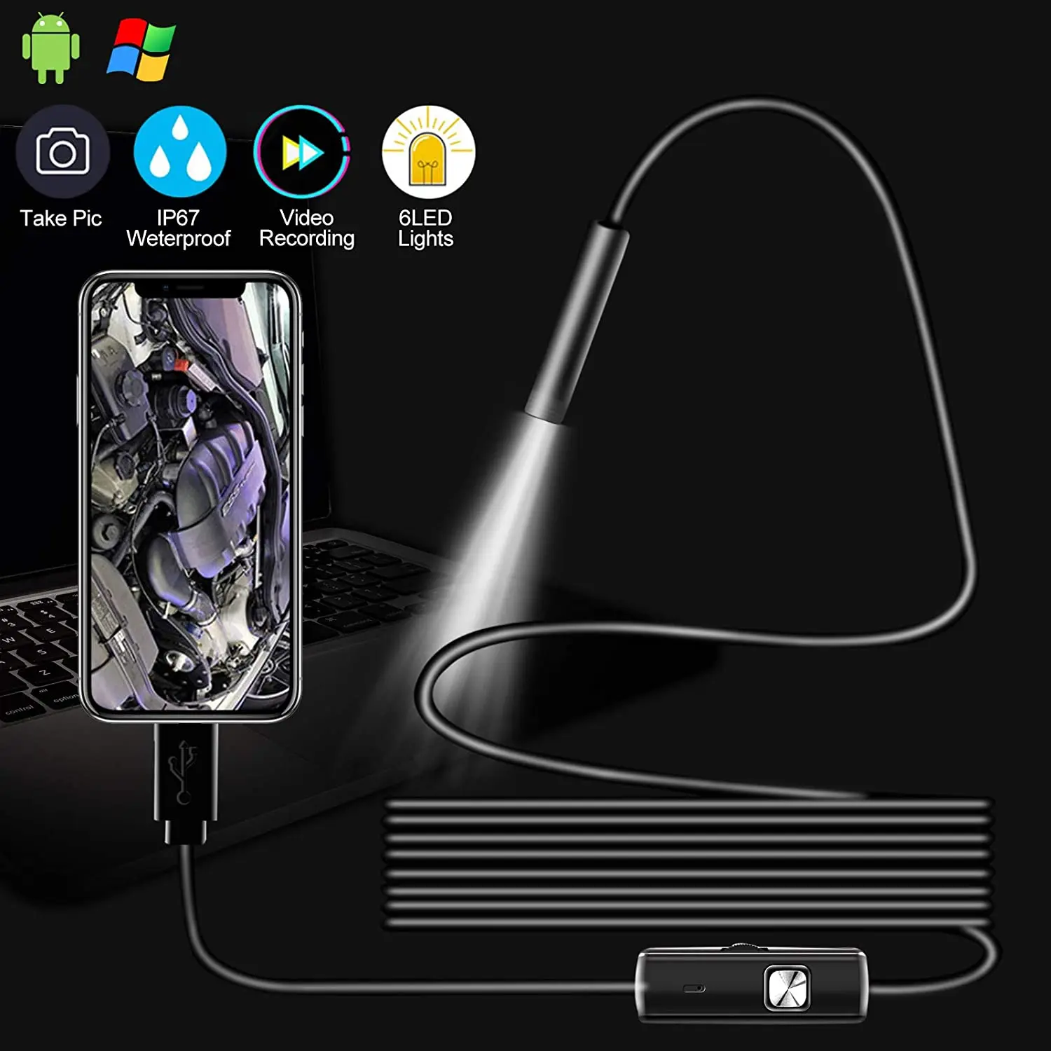 

5.5/7mm Car Endoscope Video USB Endoscopic 480P Sewer Pipe Borescope Type c Inspection Flexible Camera for Android Smartphone PC