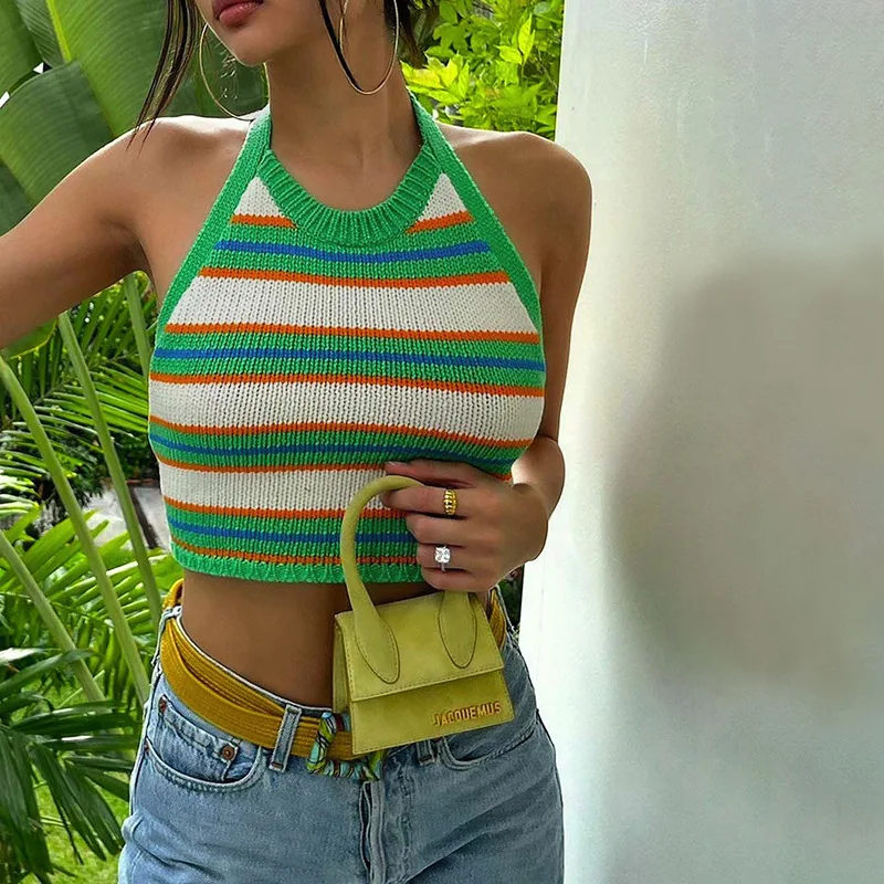 

INS 2022 summer crop top sexy halter fashion striped contrast small vest W21B02671 new women's lace halter neck womens tops
