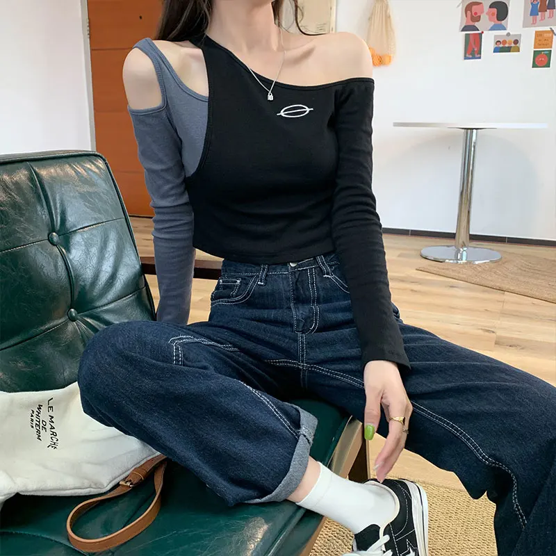 

2 colors autumn korean style faux two pieces tops color patchwork slim long Sleeve t-shirt Womens Tees shirt femme (X1510)