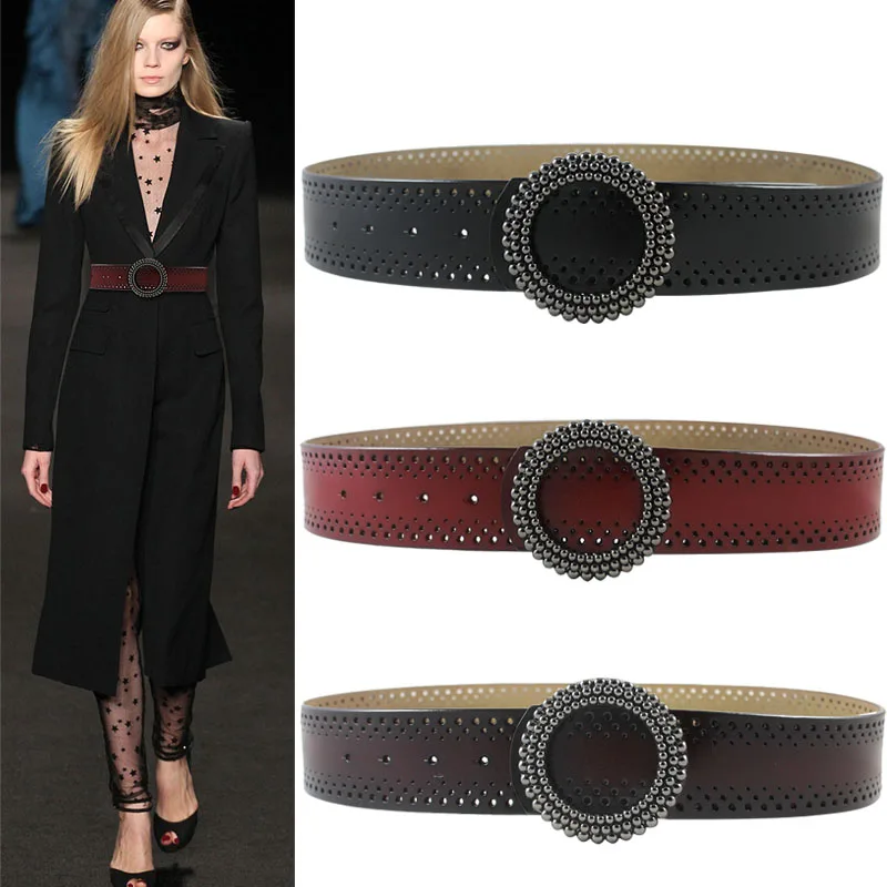 Fashion Women Vintage Hollow Genuine Leather Wide Belt Metal Beads Round Buckle Decorative Belts For Dress Waistband For Jeans