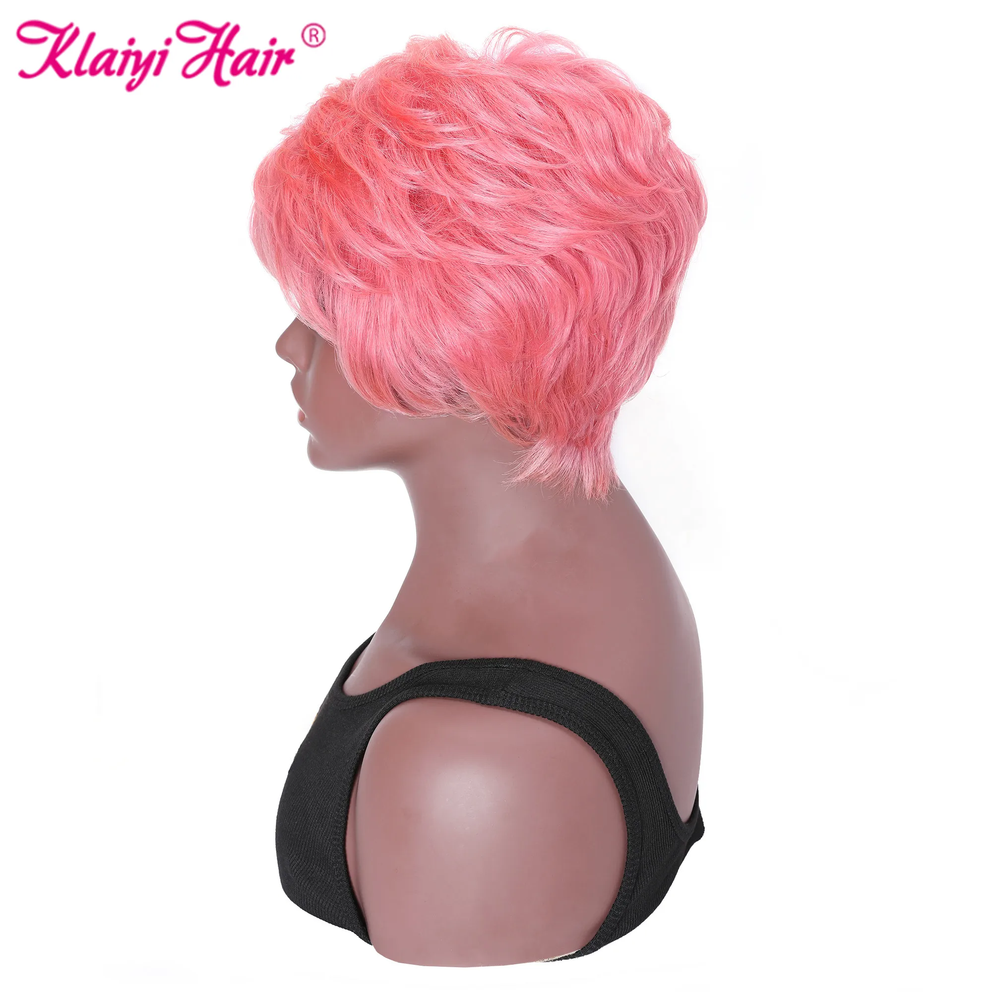 

Klaiyi Hair Pink Pixie Cut Wig Short 8 Inch Brazilian Remy Hair 150% Density Full Machine Made Wigs Human Hair For Women